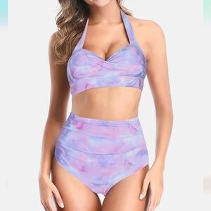 Adisputent Push Up Halter High Waisted Ruched Bottom Bikini Purple Tie Dye SZ M